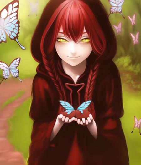 04247-1066219841-The girl hands out the chocolate，1girl, braid, solo, butterfly, bug, long hair, red hair, twin braids, hood, cloak, looking at v.png